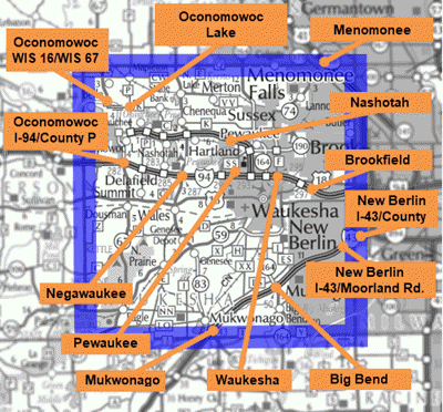 Map of Waukesha County park and ride lots