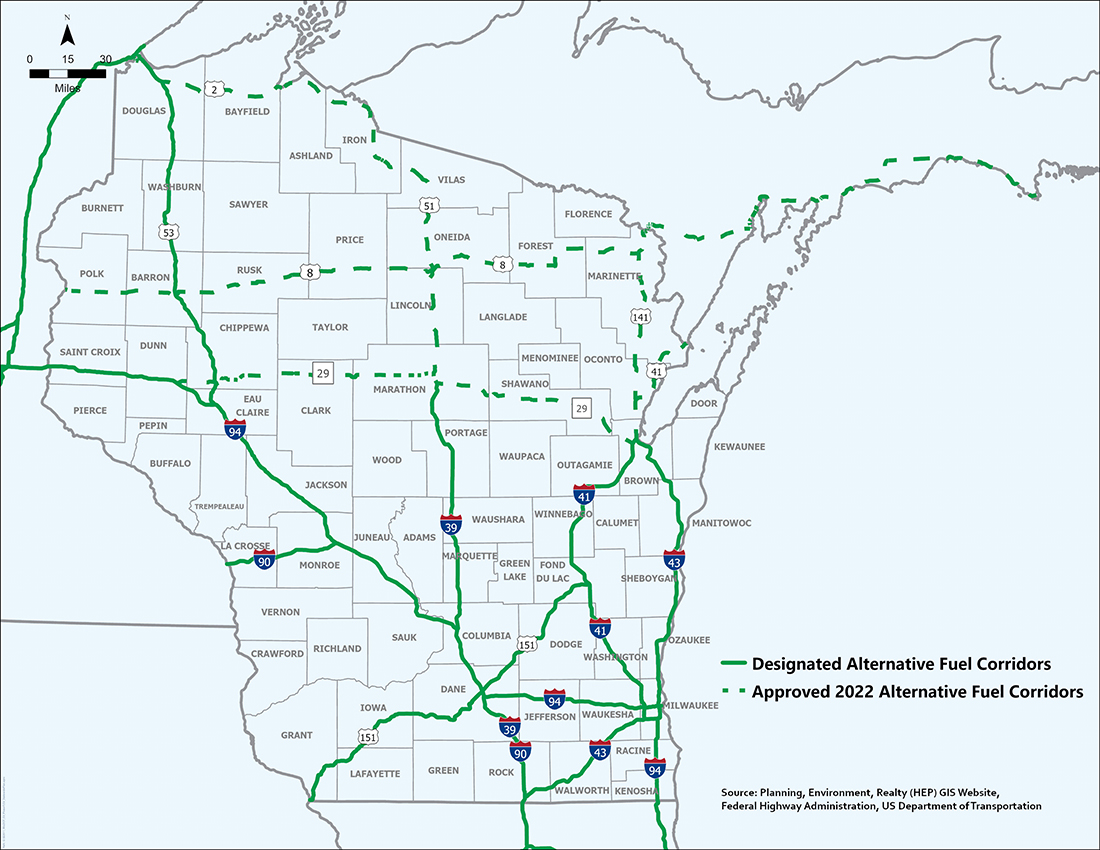 Map depicting the WI alternative fuel corridors