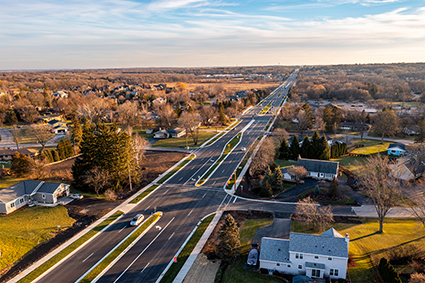 Aerial view of Calhoun Road, a four lane divided roadway. 