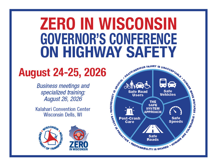 Red and blue graphic showing the Governor's Conference on Highway Safety is on August 25-26, 2026