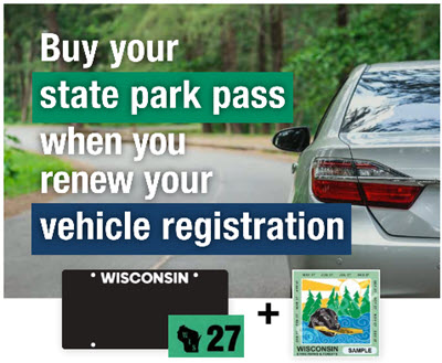 Car with Wisconsin license plate and DNR state park sticker with text highlighting this option to purchase.