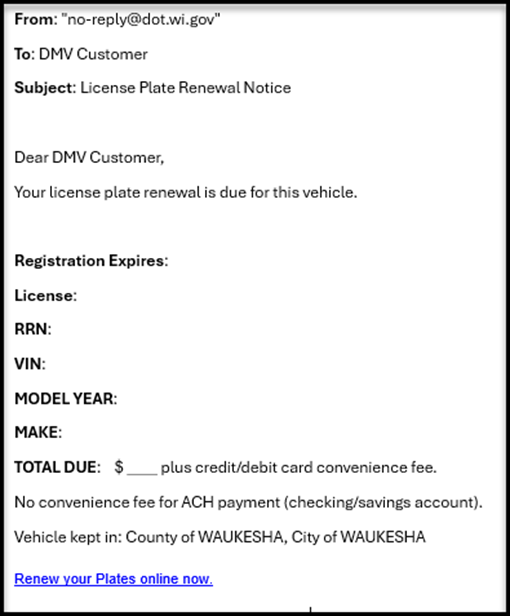 License plate renewal email notice from no-reply@dot.wi.gov