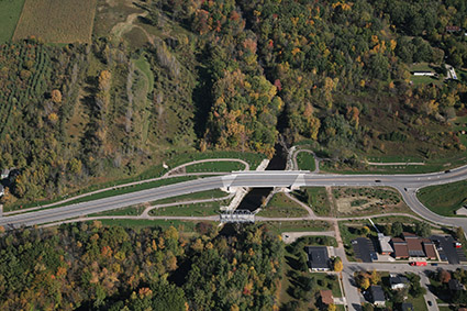 Aerial view of the Duck Creek Bridge and pedestrian bridge,
