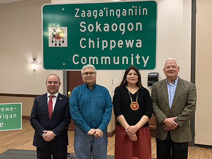 The Sokaogon Chippewa Community and representatives from WisDOT and the Federal Highway Administration at the sign unveiling.
