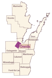 A map of WisDOT's Northeast Region, showing that the Oneida reservation is in Brown and Outagamie counties. 