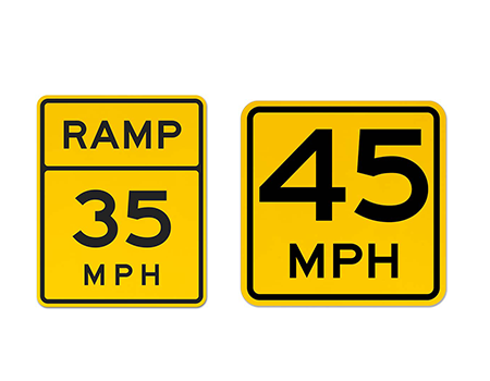 Speed advisory signs, yellow signs with black numbers, 35 and 45 miles per hour