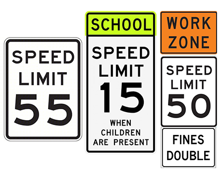 Speed limit signs, black text on white background: SPEED LIMIT 55; SPEED LIMIT 15 WHEN CHILDREN ARE PRESENT.