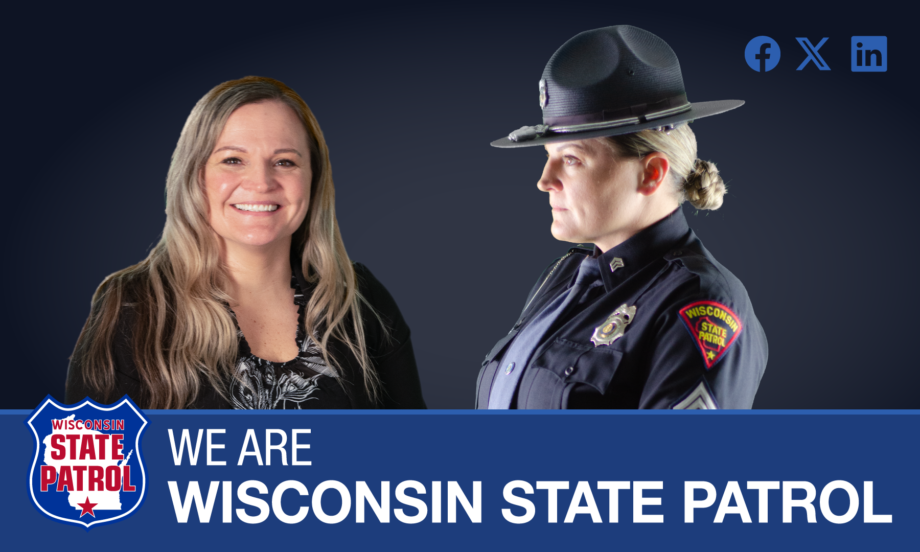 A female Wisconsin State Patrol trooper in plainclothes and in uniform