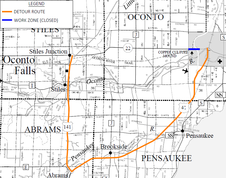  WIS 22 through traffic will be detoured using US 141 and US 41. 