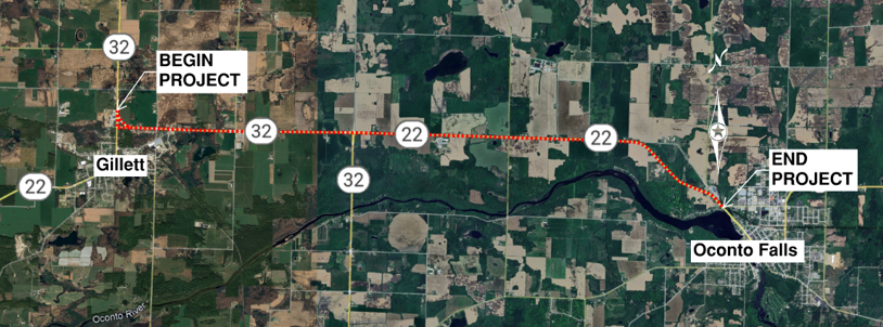  WIS 22 from the divided ends of WIS 32 in the city of Gillett to E Highland Drive in the City of Oconto Falls in Oconto County.