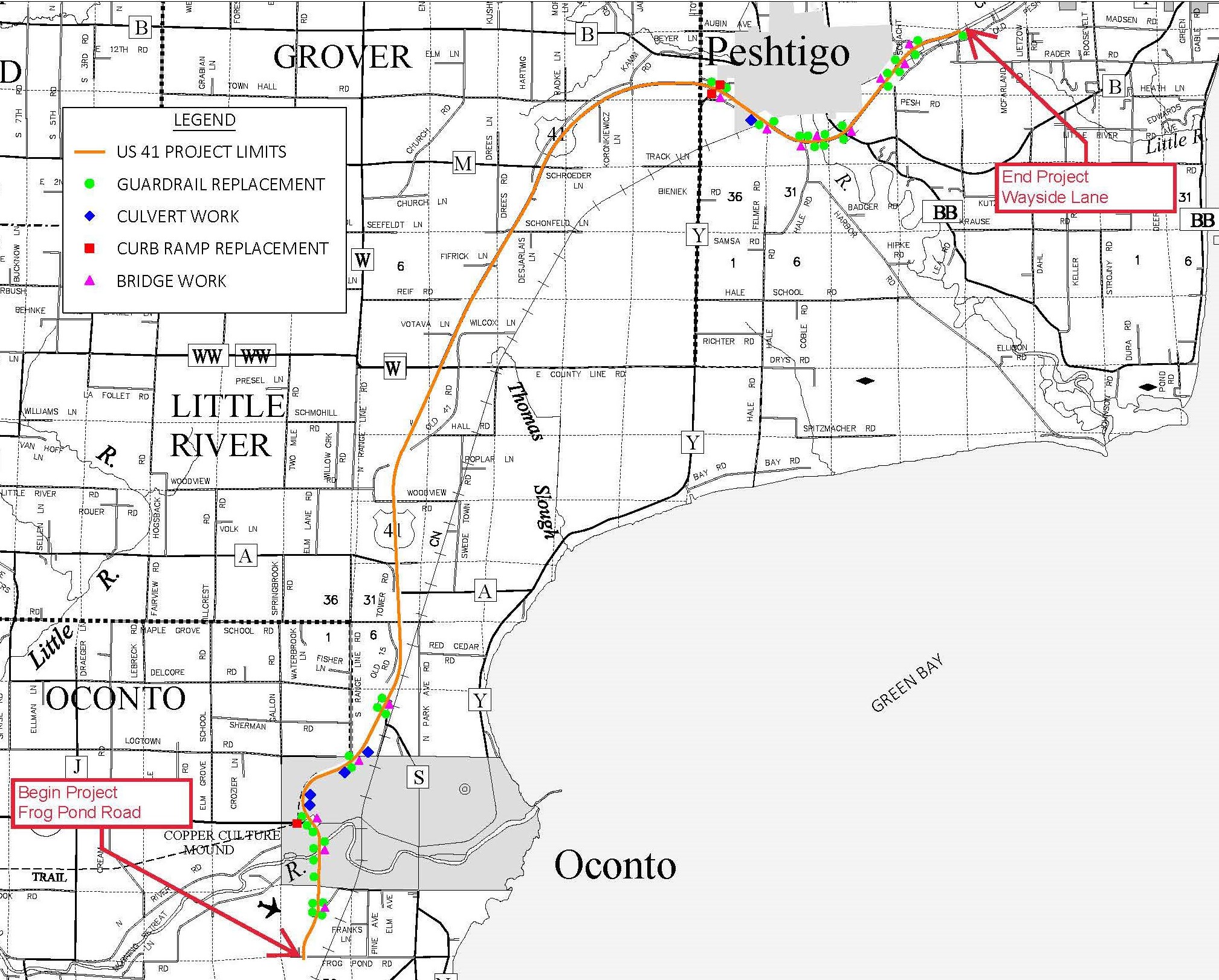 20.6 miles along US 41 from Frog Pond Road to Wayside Lane, and through the city of Oconto and towns of Oconto and Little River 