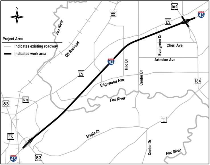 I-43 Rock Freeway (WIS 164 to WIS 83) Map