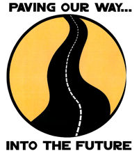 Illustrated black road on a yellow background, says "Paving our way...into the future."