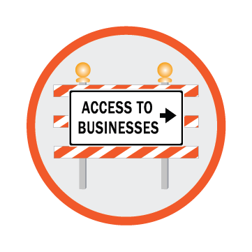 A road closure sign that says Access to Businesses with an arrow.