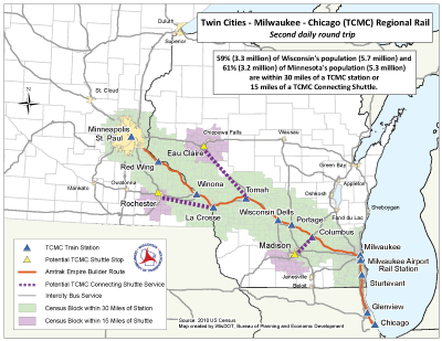 Map showing TCMC stations in three states and the communities the stations and the proposed bus shuttles will serve
