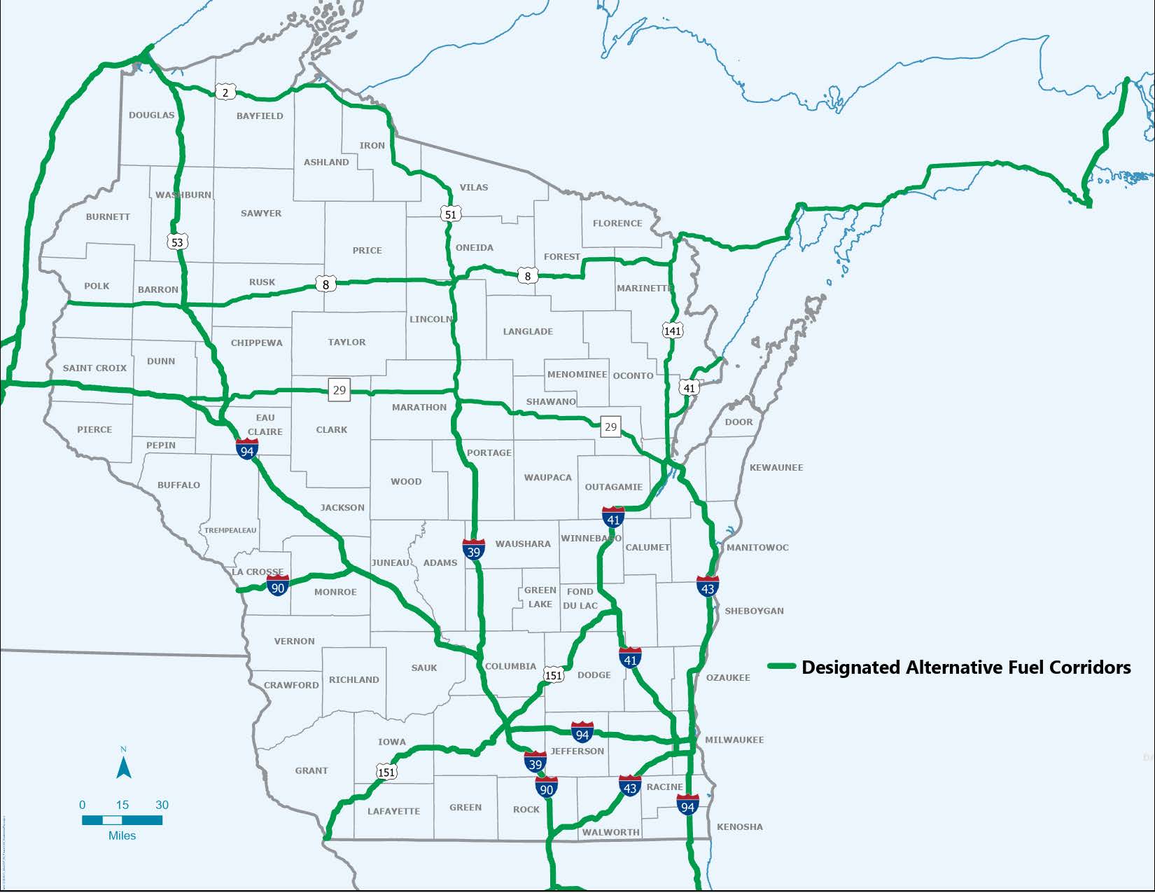 Map of Wisconsin showing Alternative Fuel Corridors