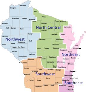 Map of Wisconsin showing counties and the five WisDOT regions