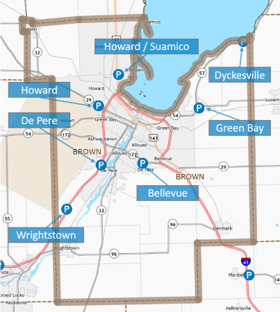 Map of Brown County park and ride lots.