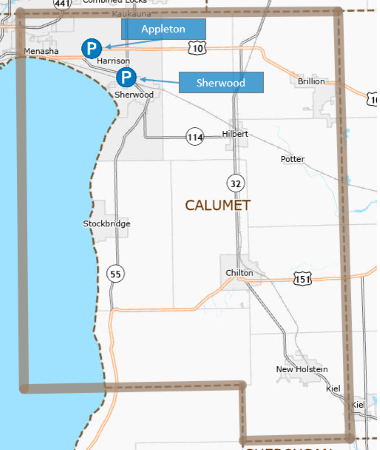 Map of Calumet County park and ride lots.