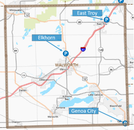 Map of Walworth County park and ride lots