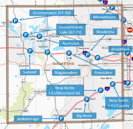 Map of Waukesha County park and ride lots