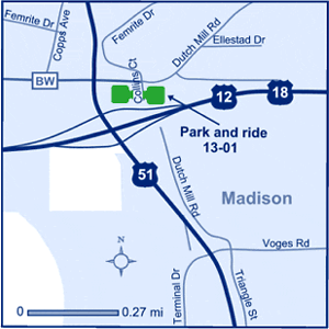 Map of Dane County park and ride lot Madison - Dutch Mill (US 12/18 /US 51 (Stoughton Rd.))