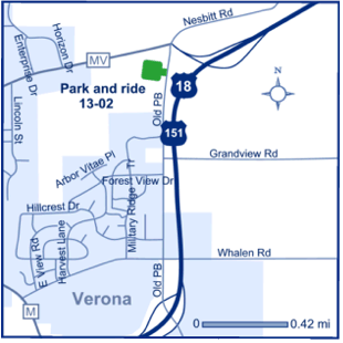 Map of Dane County park and ride lot Verona (US 18/151 /Old PB)