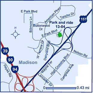 Map of Dane County park and ride lot Madison - American Center (US 151/American Pkwy.)