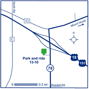 Map of Dane County park and ride lot Mount Horeb (US 151/WIS 78)