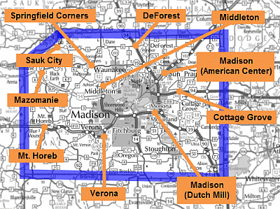 Map of Dane County park and ride lots.