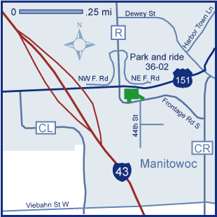 Map of Manitowoc County park and ride lot Manitowoc (US 151/County R) #3602