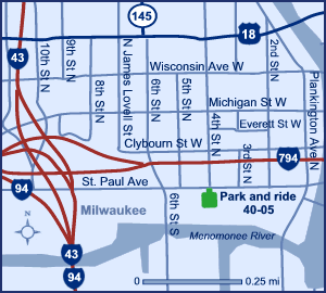 Map of Milwaukee County Park and ride lot Milwaukee, Train station (SE of I-43/I-794) #4005