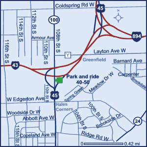 Map of Milwaukee County Park and ride lot Hales Corners (I-43/I-894/WIS 100) #4050