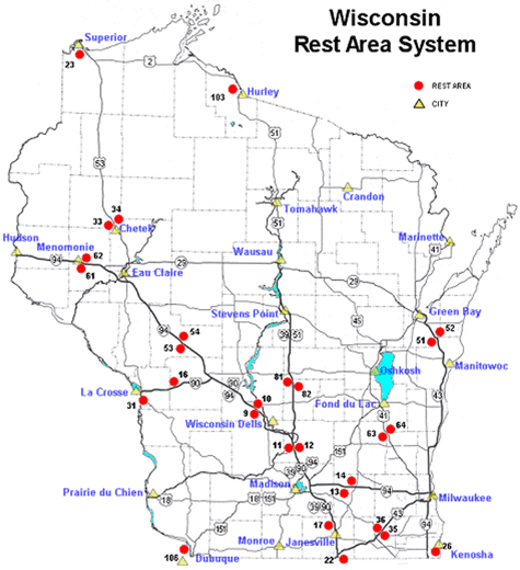 Wisconsin rest areas and waysides map.